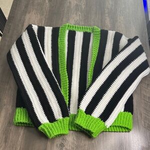 Handmade Striped Black, White, and Green Cardigan